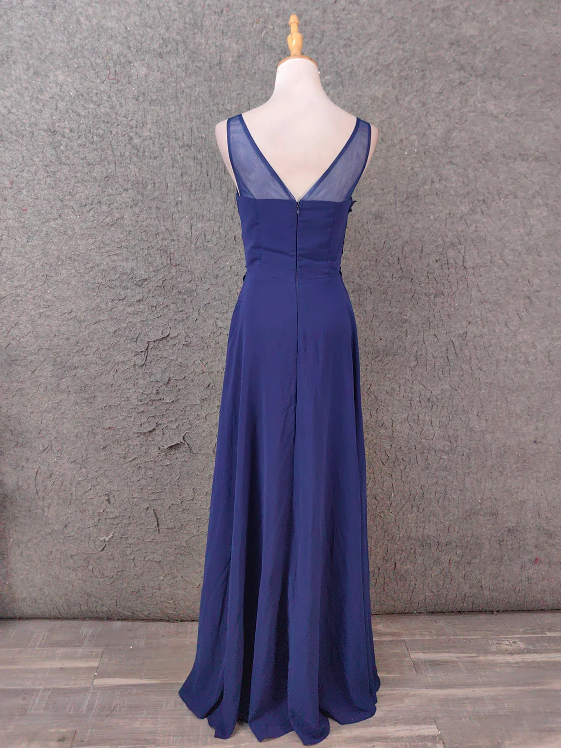 Elegant Navy Blue Spaghetti Strap Lace Ruffled Chiffon Long Prom Dress Evening Dress P4664 - Image 4