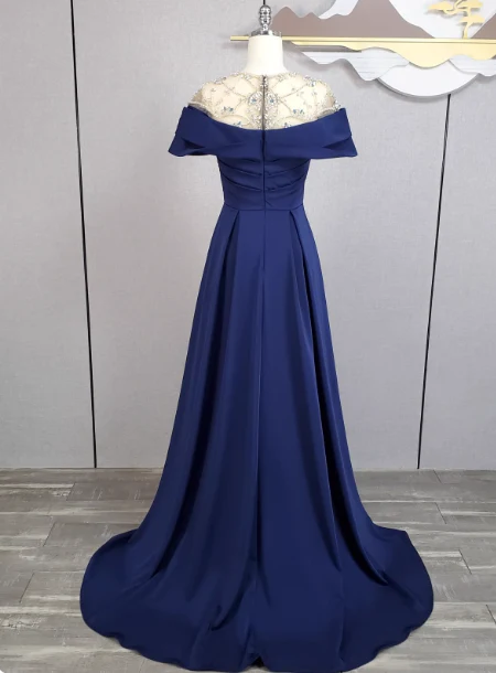 Elegant Navy Blue Train Beaded Satin Prom Dress Evening Dress P4548 - Image 3