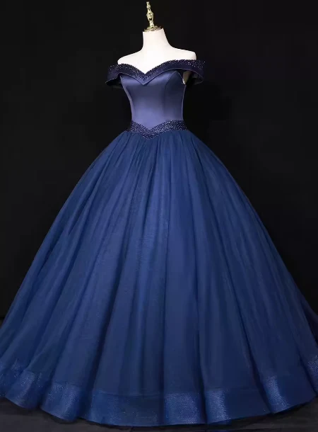 Elegant Navy Blue Off-the-Shoulder Beaded Satin Tulle Long Prom Dress Evening Dress P4682 - Image 4
