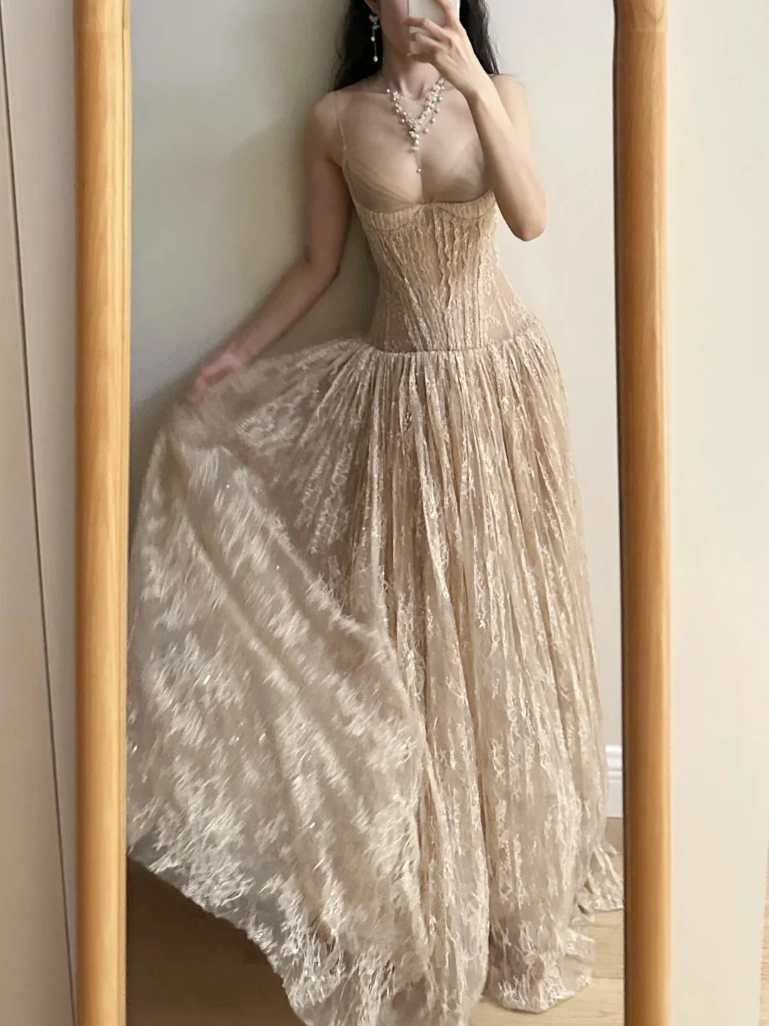 Elegant Nude Apricot A-line Deep V Halter Lace Long Prom Dress Evening Dress Bridesmaid Dress P4265 - Image 3