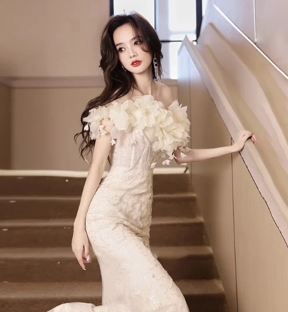 Elegant Off-white Mermaid Off-the-shoulder 3D Floral Sequined Sheer Tulle Long Prom Dress Evening Dress P4462 - Image 2