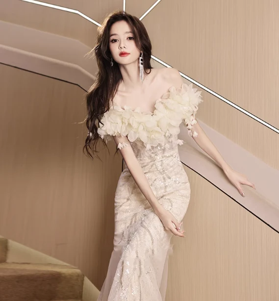 Elegant Off-white Mermaid Off-the-shoulder 3D Floral Sequined Sheer Tulle Long Prom Dress Evening Dress P4462 - Image 3