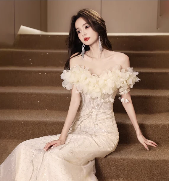 Elegant Off-white Mermaid Off-the-shoulder 3D Floral Sequined Sheer Tulle Long Prom Dress Evening Dress P4462 - Image 4