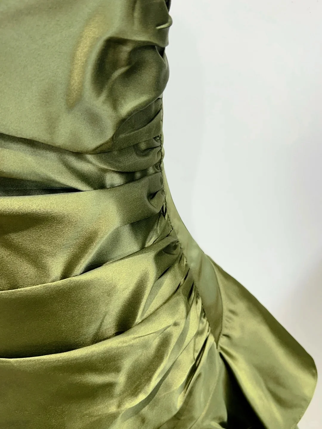 Elegant Olive Green Mermaid Ruffle Spaghetti Strap Satin Prom Dress Evening Dress P4068 - Image 5
