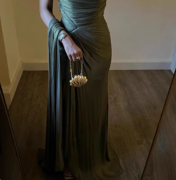 Elegant Olive Green One-Shoulder Ruffled Slit Satin Long Prom Dress Evening Dress P4614 - Image 3