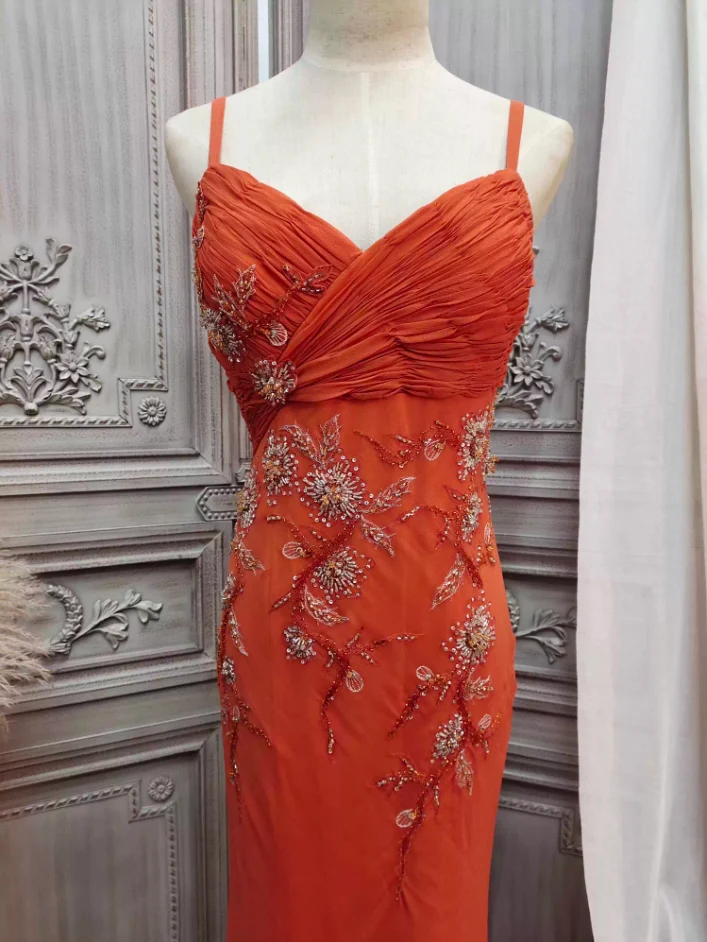 Elegant Orange Mermaid Spaghetti Strap Beaded Chiffon Long Prom Dress Evening Dress P4349 - Image 9