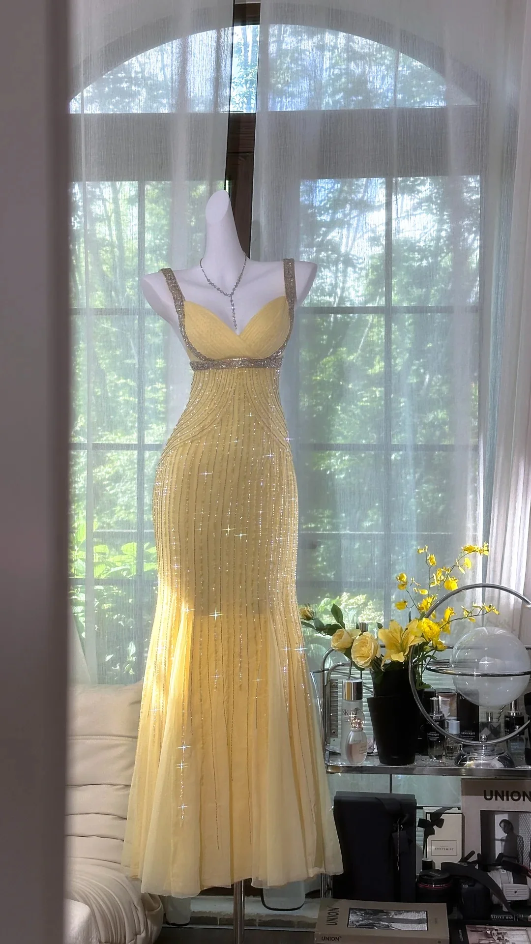 Elegant Pale Yellow Mermaid Strapless Backless Beaded Chiffon Long Prom Dress Evening Dress P4038 - Image 2