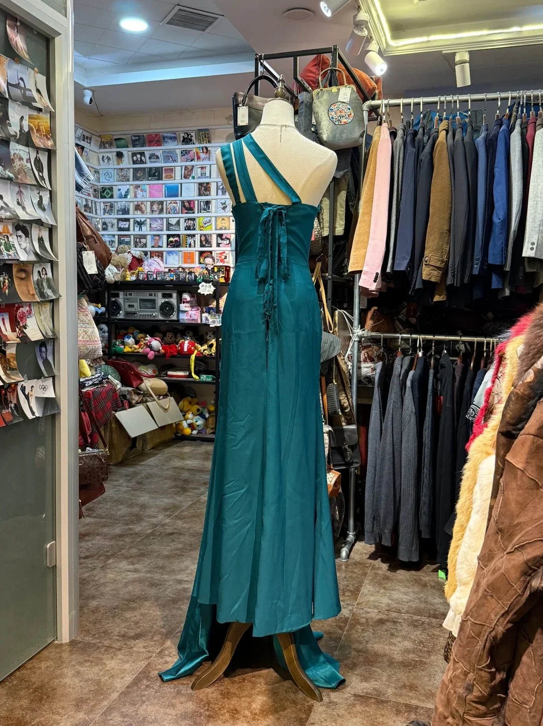 Elegant Peacock Green One-Shoulder Pearl Ribbon Satin Long Prom Dress Evening Gown P4151 - Image 4