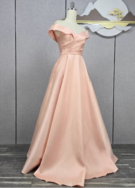 Elegant Pink A-line Off-the-shoulder Satin Long Prom Dress Evening Dress Bridesmaid Dress P4567 - Image 2