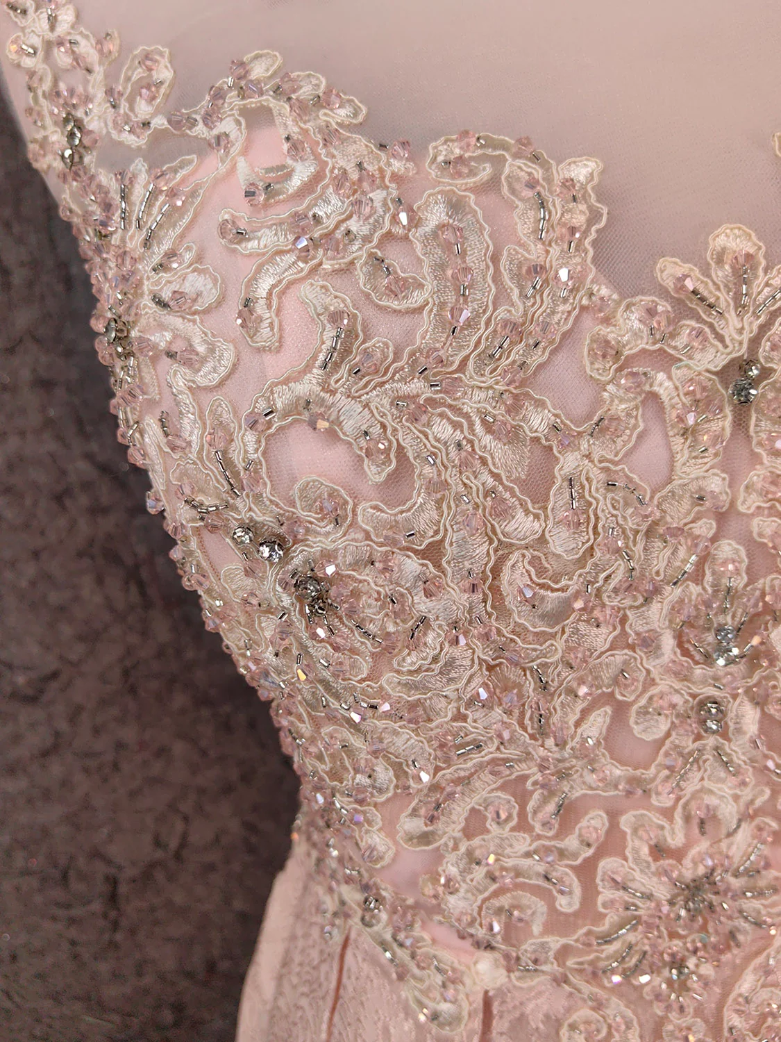 Elegant Pink A-Line Sleeveless Crew Neck Lace Rhinestone Brocade Satin Long Prom Dress Evening Dress P4658 - Image 3