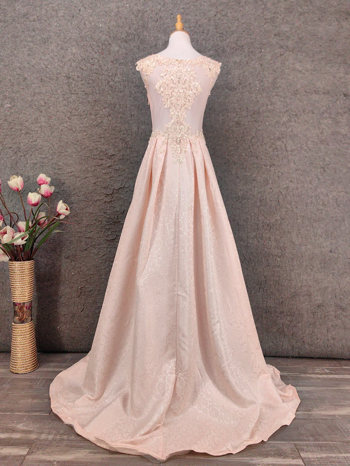 Elegant Pink A-Line Sleeveless Crew Neck Lace Rhinestone Brocade Satin Long Prom Dress Evening Dress P4658 - Image 6