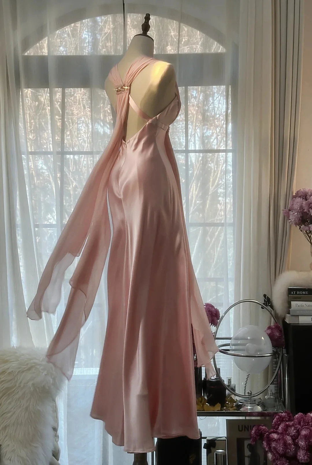 Elegant Pink Chiffon V-Neck Simple Long Prom Dress P3338 - Image 3