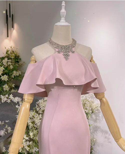 Elegant Pink Mermaid Halter Neck Ruffled Satin Train Prom Dress Evening Dress P4466 - Image 4