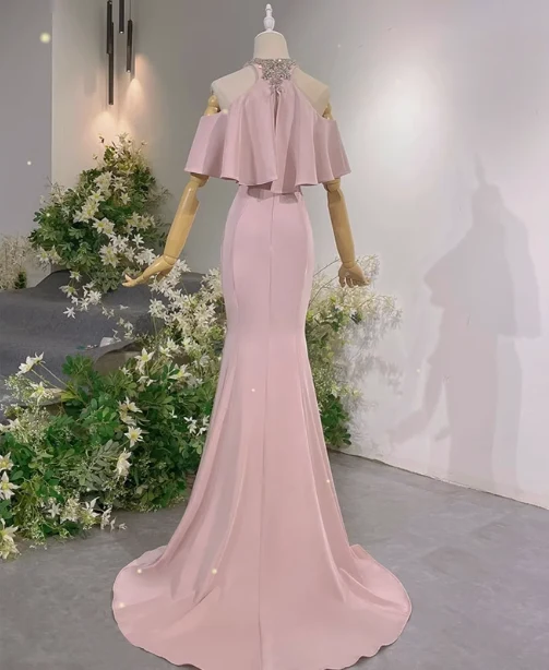 Elegant Pink Mermaid Halter Neck Ruffled Satin Train Prom Dress Evening Dress P4466 - Image 5