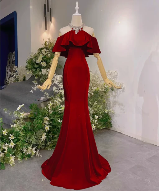 Elegant Pink Mermaid Halter Neck Ruffled Satin Train Prom Dress Evening Dress P4466 - Image 6