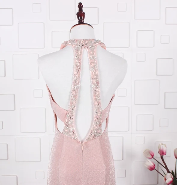 Elegant Pink Mermaid Halter V-neck Satin Train Prom Dress Evening Dress P4555 - Image 4