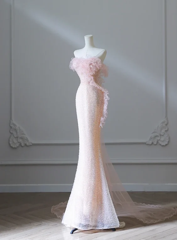 Elegant Pink Mermaid One Shoulder Beaded Prom Dress P2549 - Image 3
