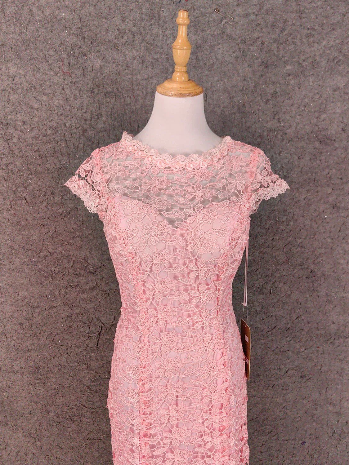 Elegant Pink Mermaid Short Sleeve Crew Neck Cutout Lace Long Prom Dress Evening Dress P4649 - Image 2