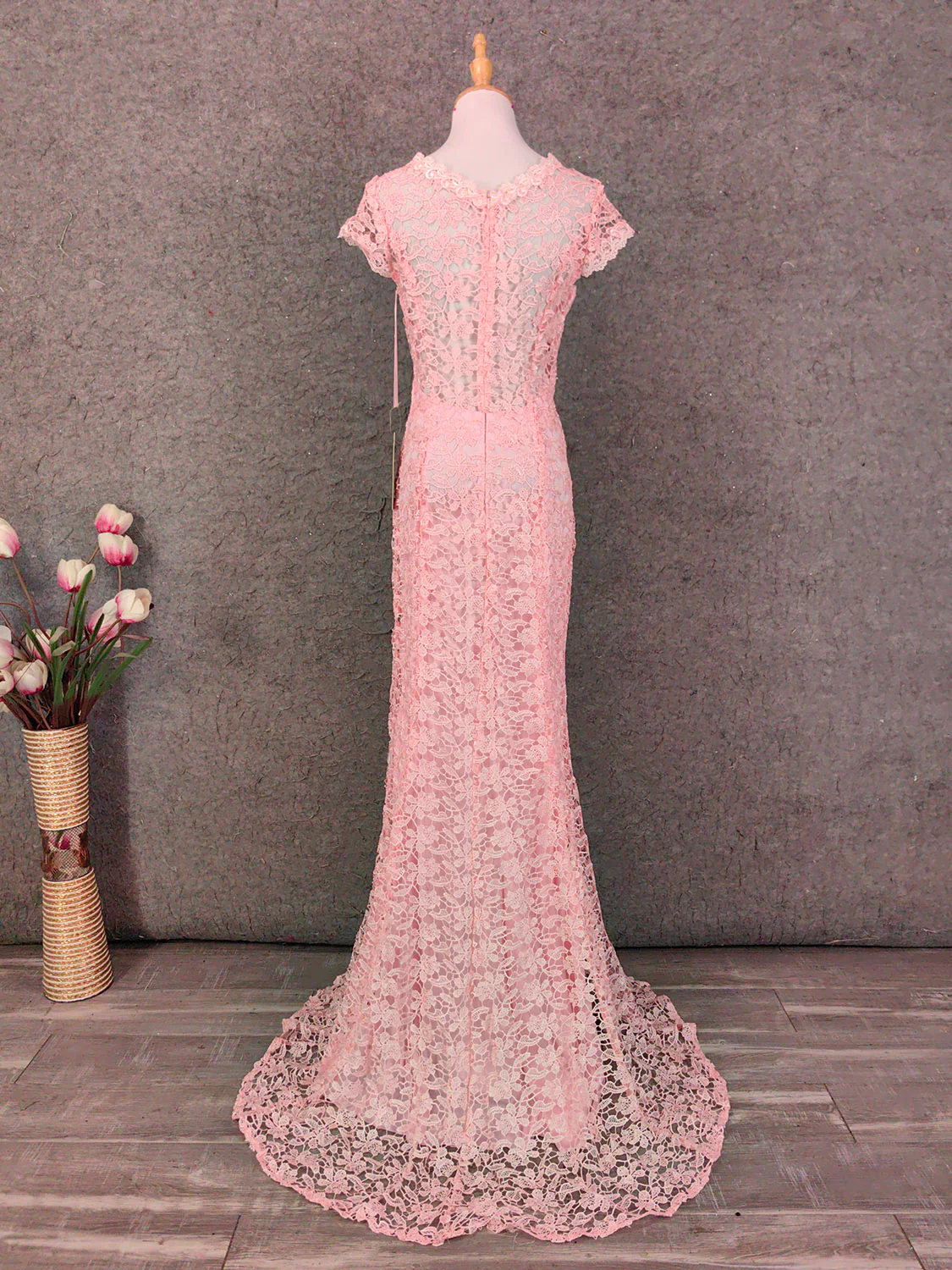 Elegant Pink Mermaid Short Sleeve Crew Neck Cutout Lace Long Prom Dress Evening Dress P4649 - Image 5
