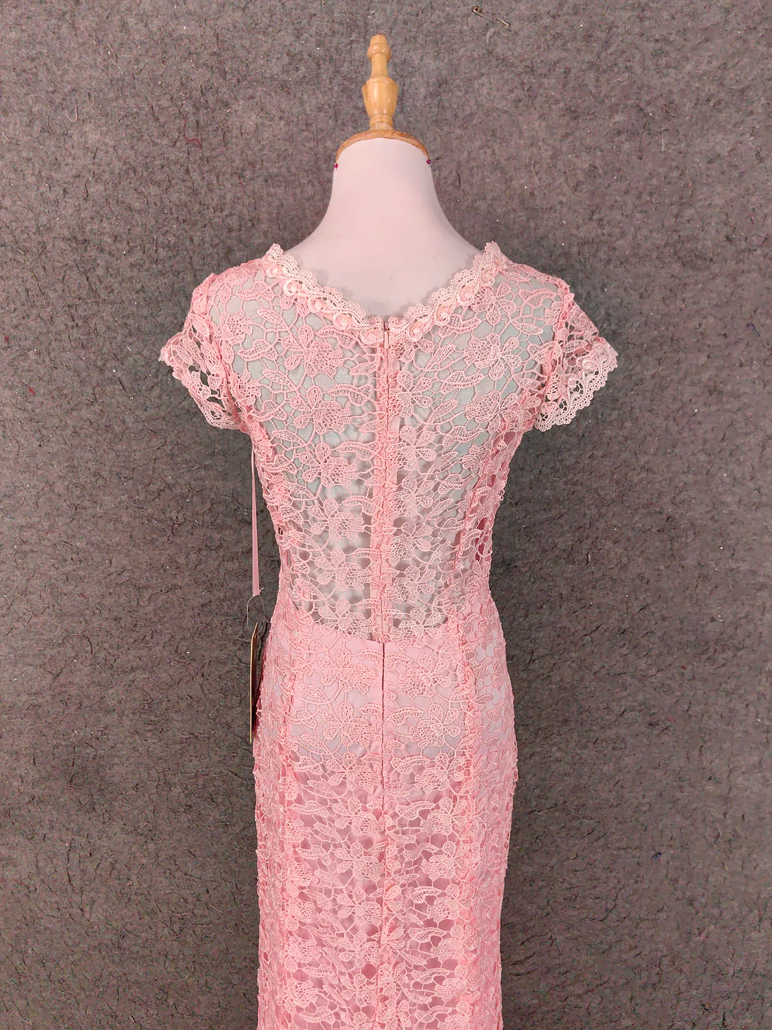 Elegant Pink Mermaid Short Sleeve Crew Neck Cutout Lace Long Prom Dress Evening Dress P4649 - Image 6