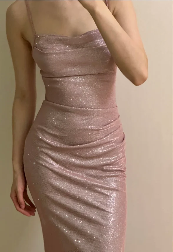 Elegant Pink Mermaid Spaghetti Strap Glittery Long Prom Dress Evening Dress Bridesmaid Dress P4253 - Image 6