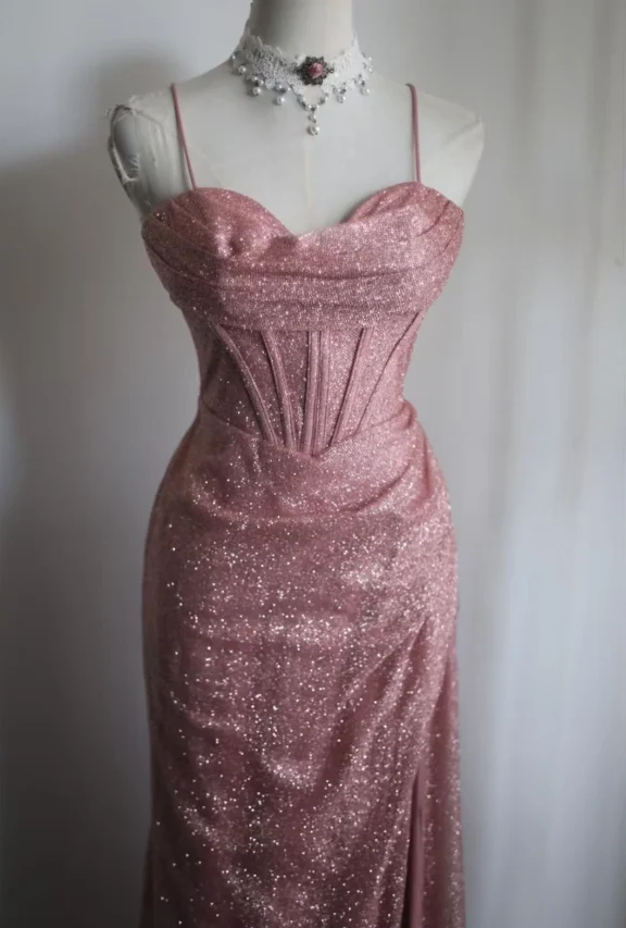Elegant Pink Mermaid Spaghetti Strap Sequined Long Prom Dress Evening Dress P4244 - Image 5