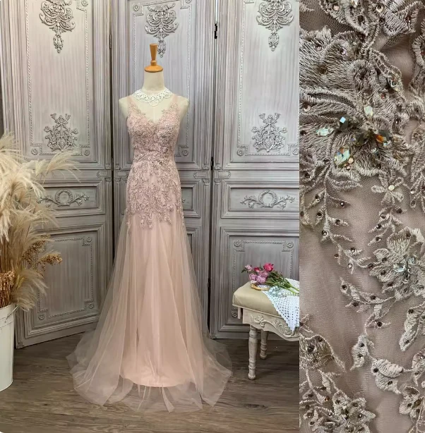 Elegant Pink Mermaid V-Neck Lace Embroidery Tulle Long Prom Dress Evening Dress P4346