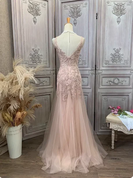 Elegant Pink Mermaid V-Neck Lace Embroidery Tulle Long Prom Dress Evening Dress P4346 - Image 6