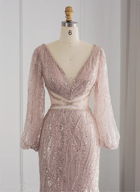 Elegant Pink Mermaid V-neck Long Sleeve Sequin Long Prom Dress Evening Dress P4628 - Image 4