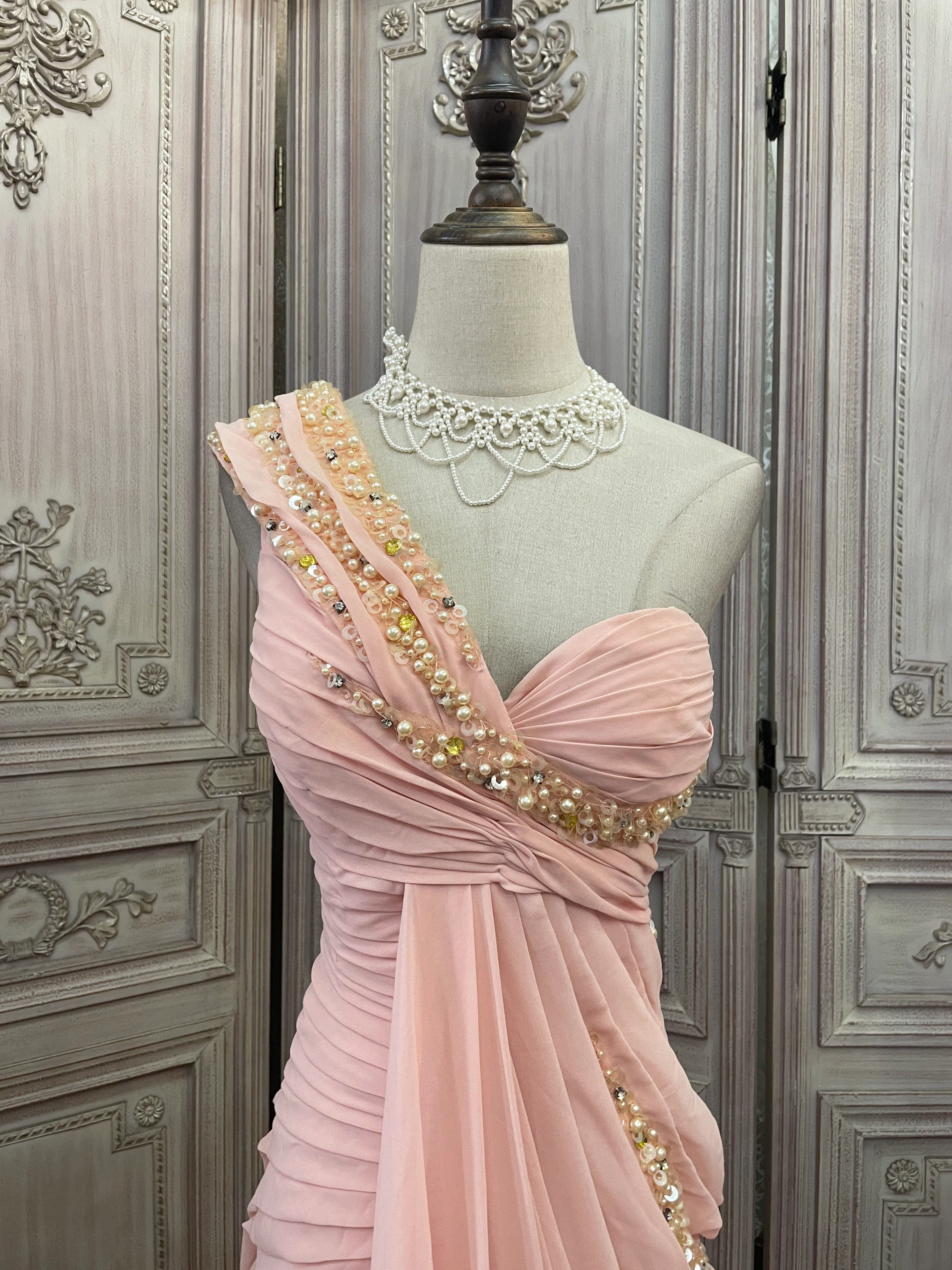 Elegant Pink One-Shoulder Pearl Twist Ruched Chiffon Train Prom Dress Evening Dress P4736 - Image 3