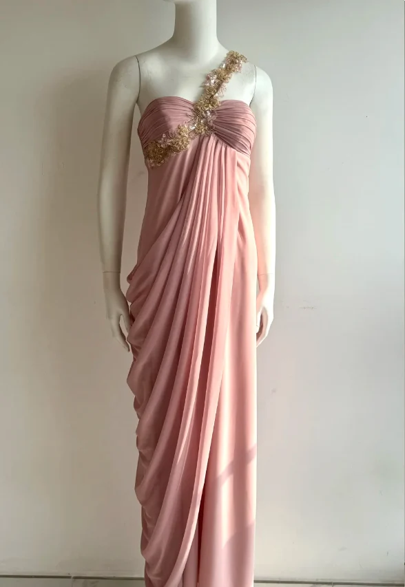 Elegant Pink One Shoulder Ruched Chiffon Long Prom Dress Evening Dress P4850