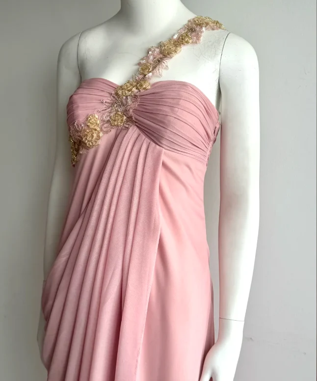Elegant Pink One Shoulder Ruched Chiffon Long Prom Dress Evening Dress P4850 - Image 4