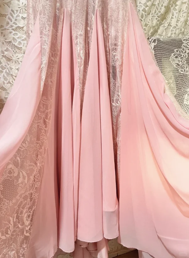 Elegant Pink Strap V-neck Chiffon Lace Rose Prom Dress P3769 - Image 3
