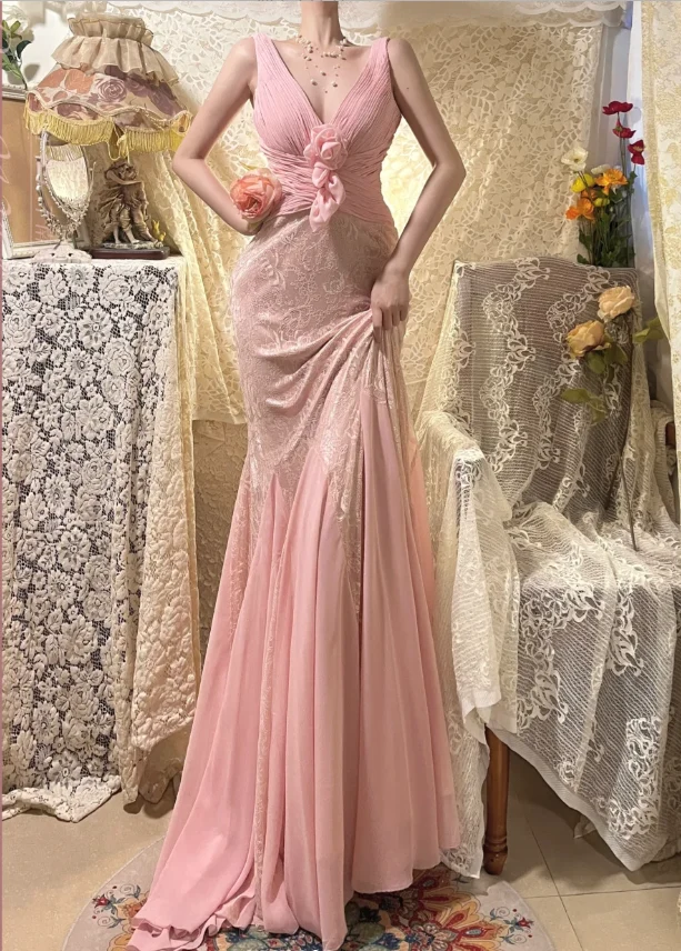 Elegant Pink Strap V-neck Chiffon Lace Rose Prom Dress P3769 - Image 5