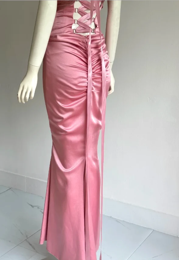 Elegant Pink Strapless Mermaid Back Lace-up Satin Long Prom Dress Evening Dress P4859 - Image 7