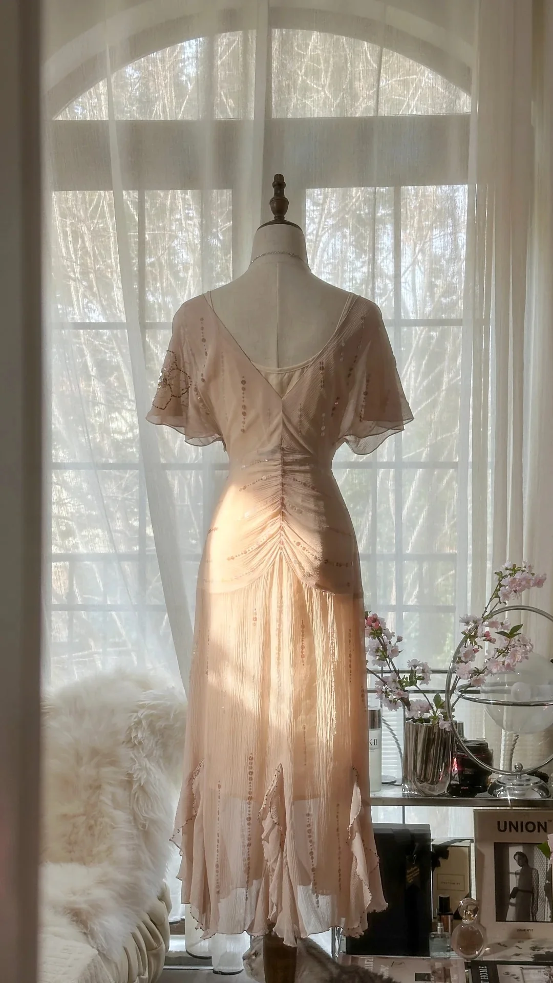 Elegant Pink V-neck Short-sleeved Chiffon Flowing Prom Dress P3309 - Image 9