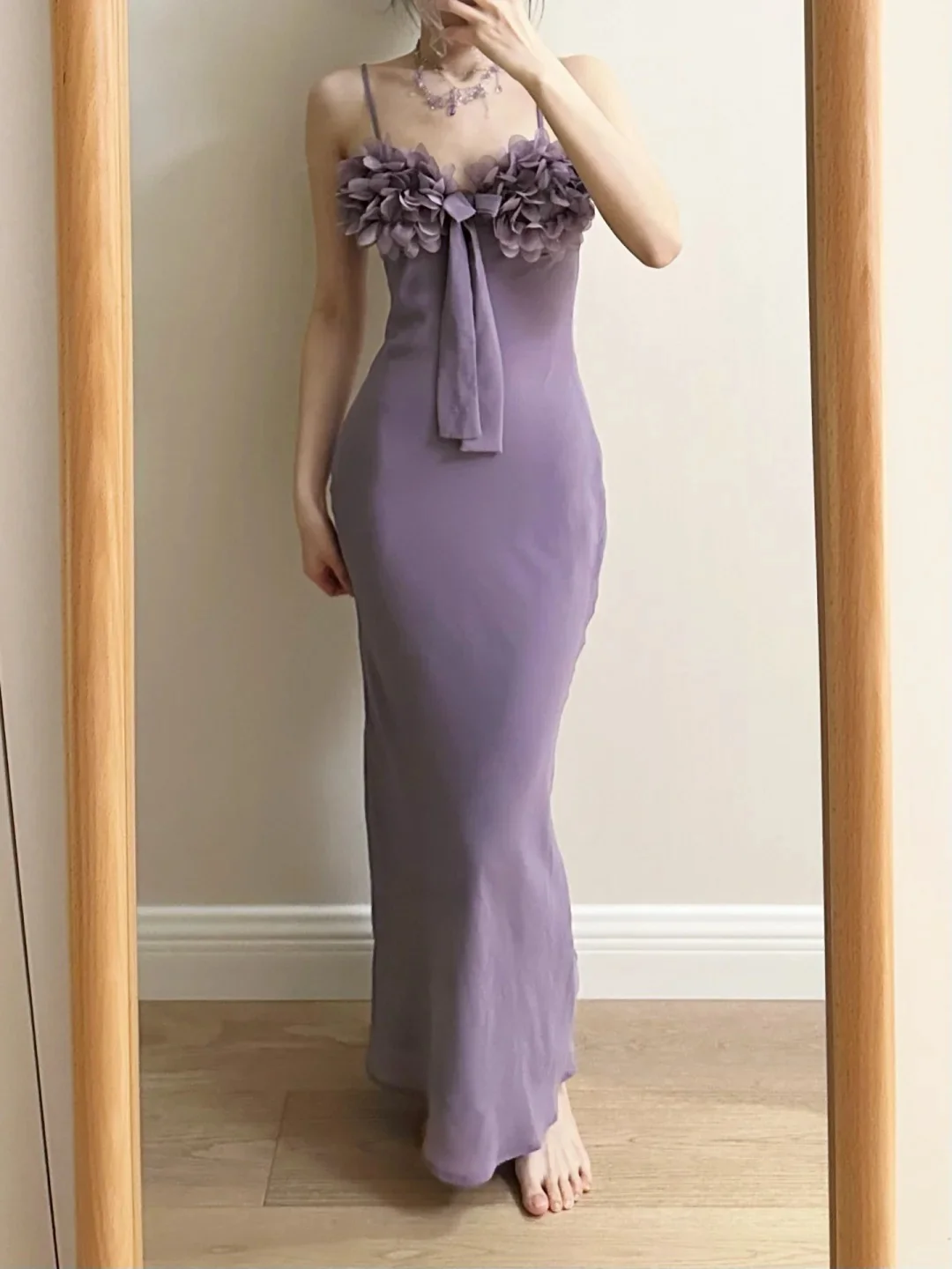 Elegant Purple Mermaid 3D Flower Bow Thin Strap Satin Long Prom Dress Evening Dress Bridesmaid Dress P4262 - Image 2