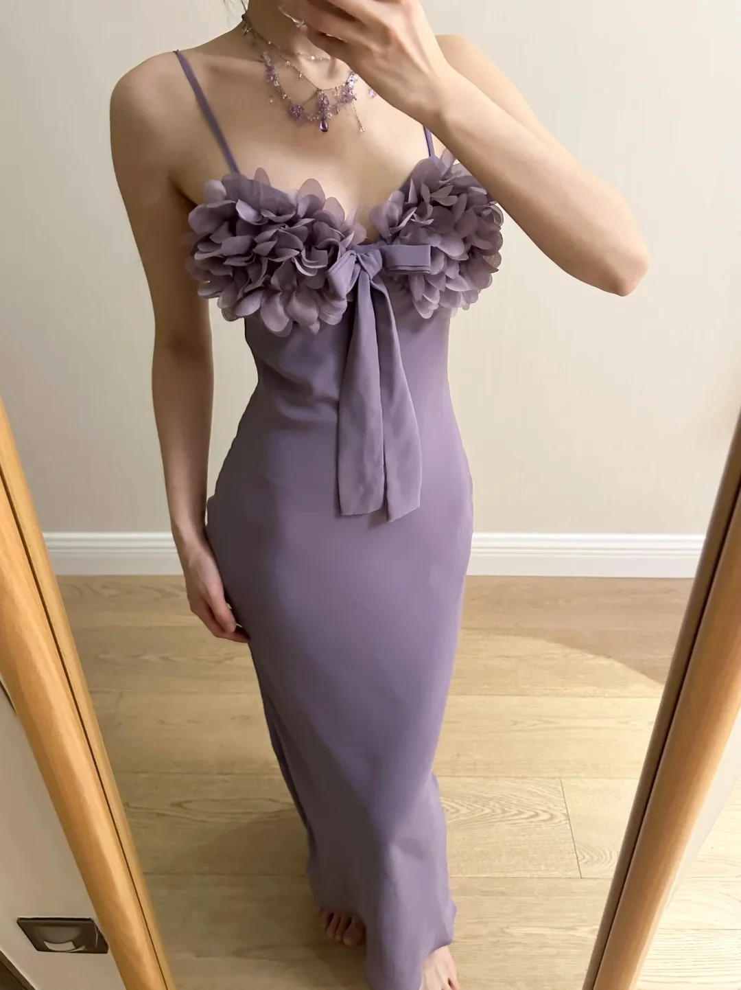 Elegant Purple Mermaid 3D Flower Bow Thin Strap Satin Long Prom Dress Evening Dress Bridesmaid Dress P4262 - Image 3