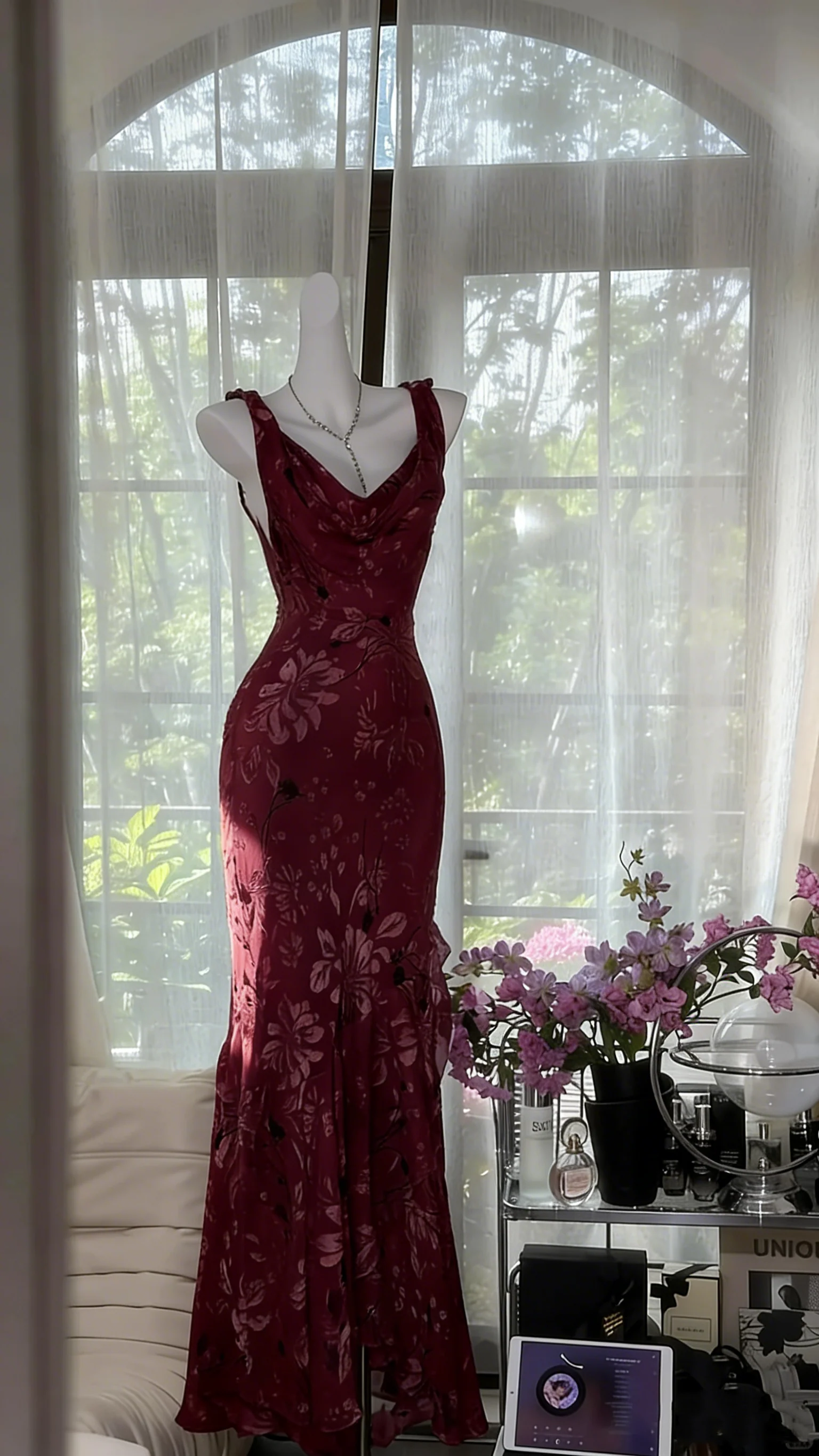 Elegant Purple Mermaid Printed Boat Neck Chiffon Long Prom Dress Evening Dress P4040 - Image 6