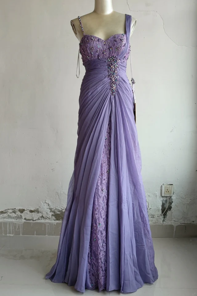 Elegant Purple Sweetheart Beaded Lace Pleated Tulle Long Prom Dress Evening Dress P4718 - Image 2