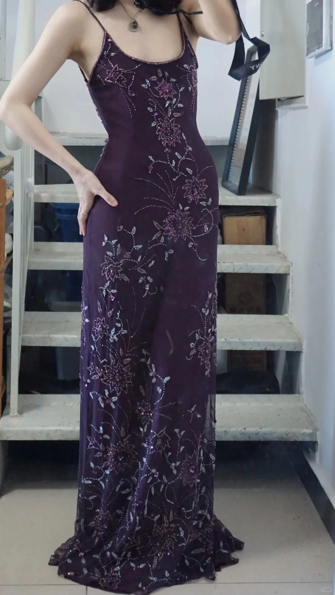 Elegant Purple U-neck Chiffon Beaded Spaghetti Strap Prom Dress P3493 - Image 4