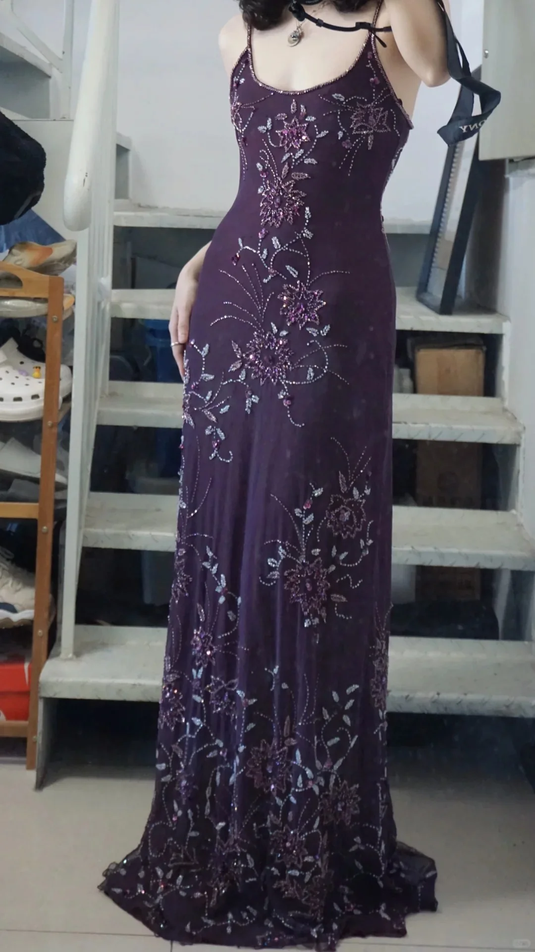 Elegant Purple U-neck Chiffon Beaded Spaghetti Strap Prom Dress P3493 - Image 5