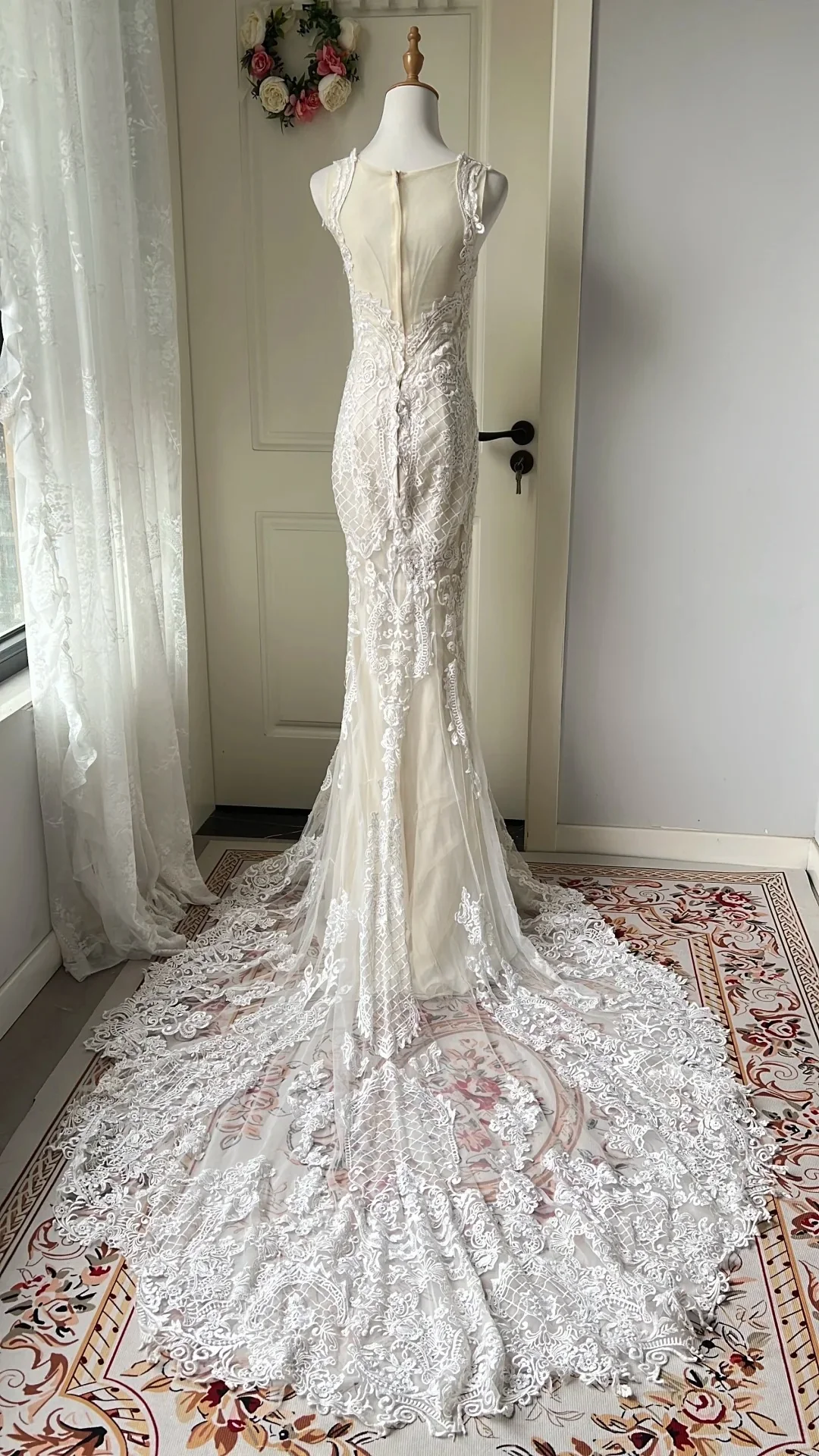 Elegant Retro White Mermaid Round Neck Lace Train Prom Dress Evening Dress Wedding Dress P4207 - Image 3