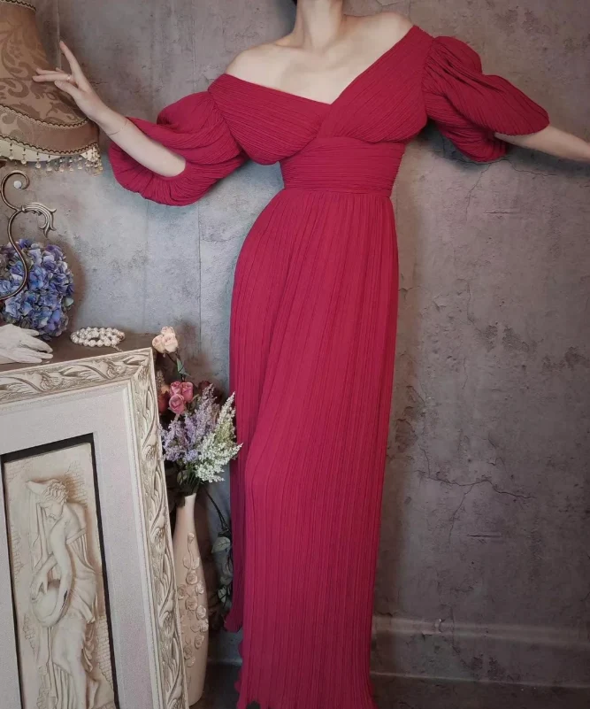 Elegant Rose Pink V-neck Puff Sleeve Pleated Long Prom Dress Evening Dress P4309 - Image 8