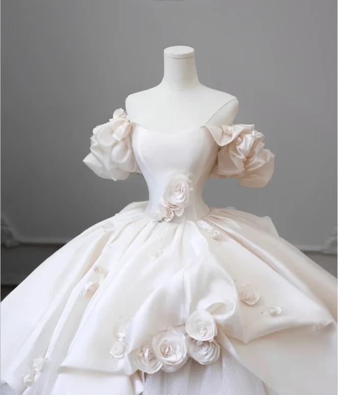 Elegant Satin 3D Flower Off Shoulder Tulle Floor Length Wedding Dress P2603 - Image 3