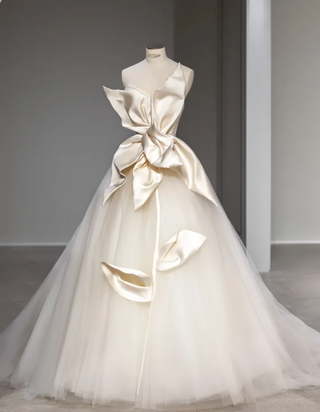 Elegant Satin Magnolia Tulle Splicing Fairy Floor-Length Wedding Dress P2879