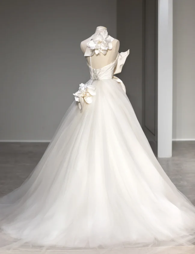 Elegant Satin Magnolia Tulle Splicing Fairy Floor-Length Wedding Dress P2879 - Image 3