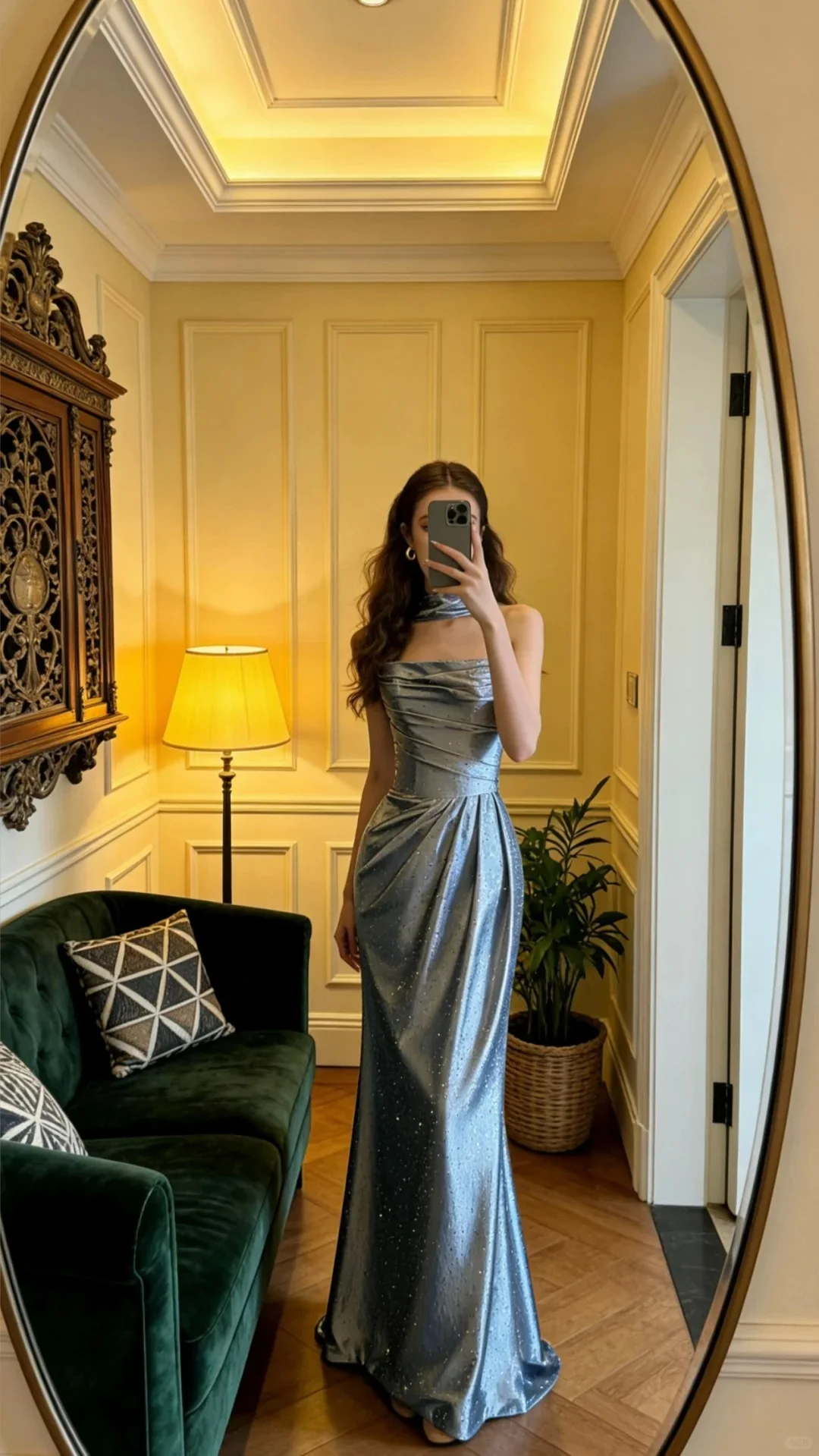 Elegant Silver Gray Mermaid Ruched Rhinestone Satin Long Prom Dress Evening Dress P4906