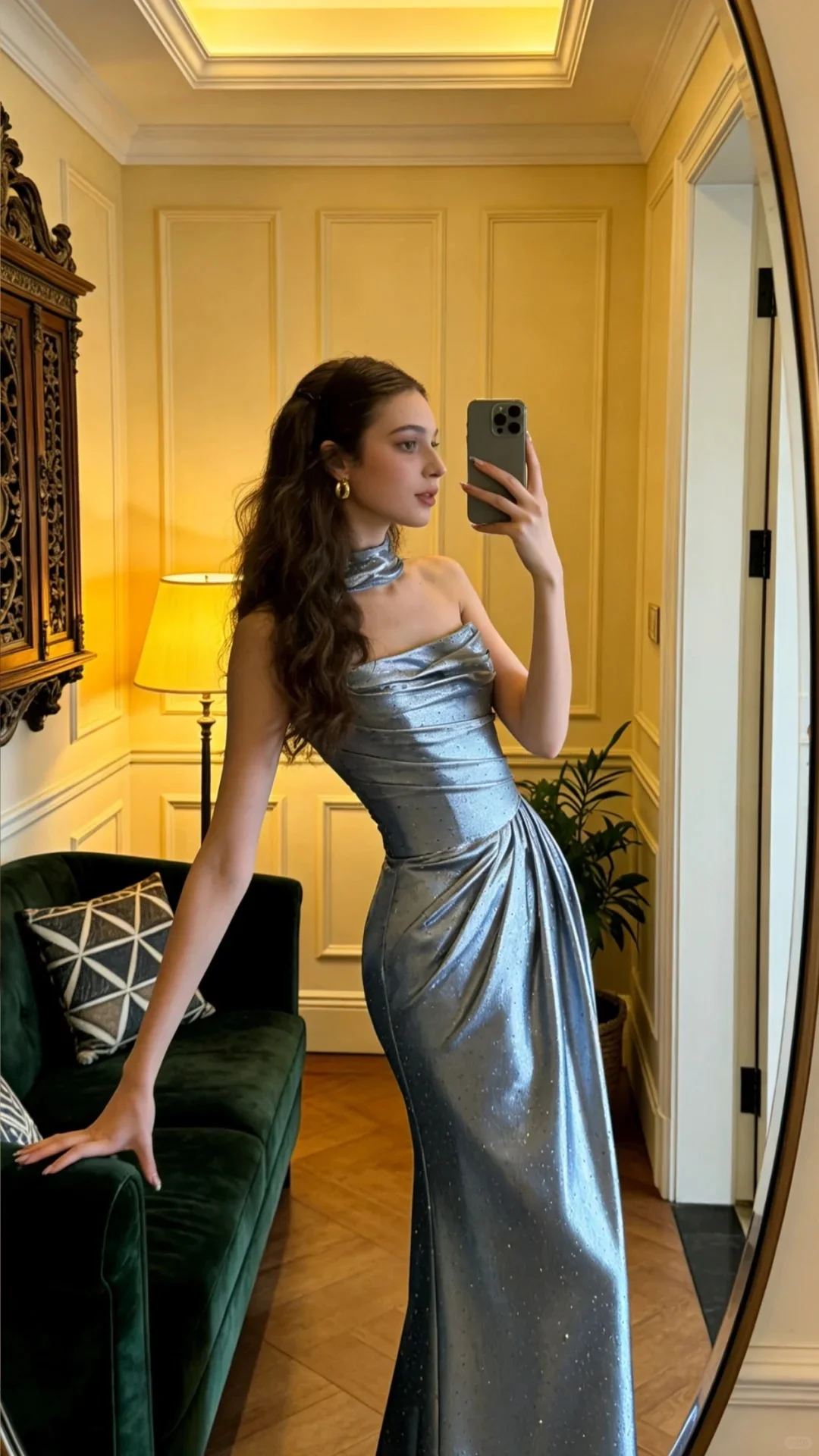 Elegant Silver Gray Mermaid Ruched Rhinestone Satin Long Prom Dress Evening Dress P4906 - Image 2
