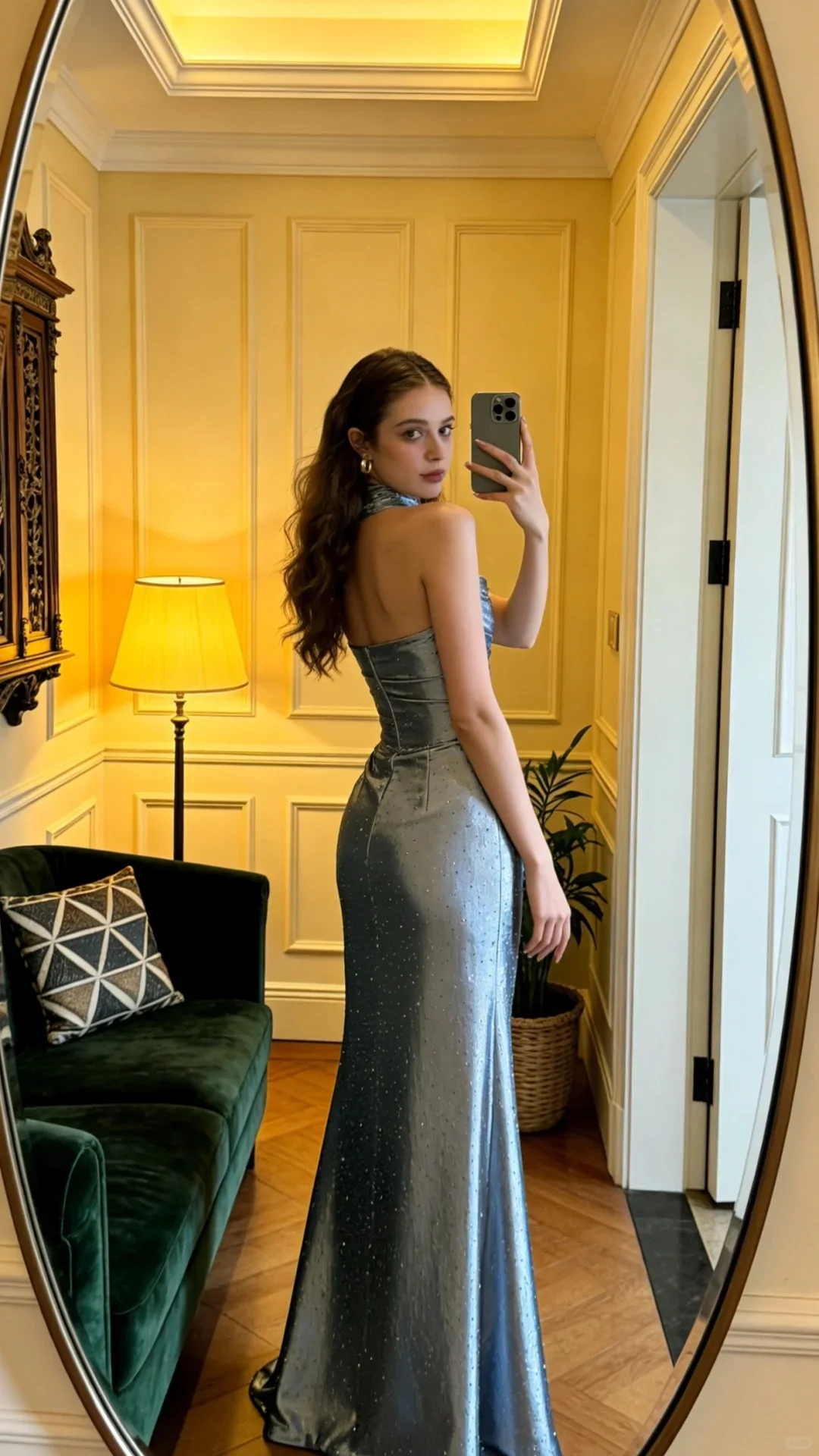 Elegant Silver Gray Mermaid Ruched Rhinestone Satin Long Prom Dress Evening Dress P4906 - Image 3